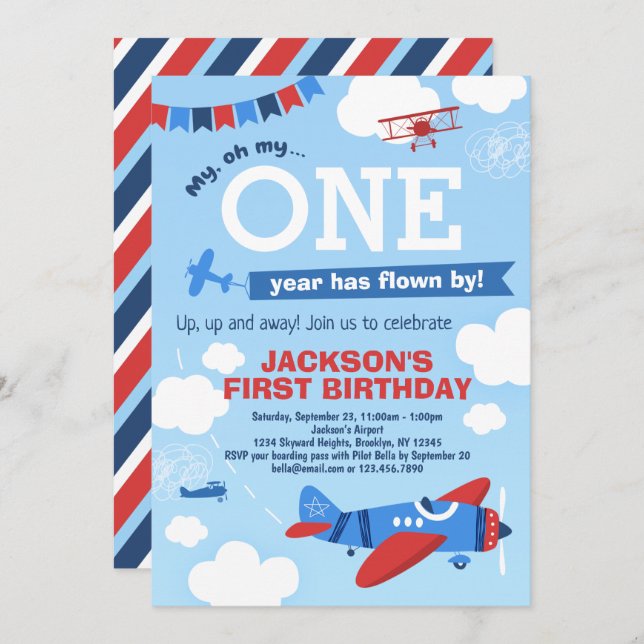 Airplane ONE Year Has Flown By 1st Birthday Invitation (Front/Back)