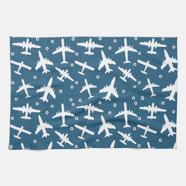 Airplane Pattern Dark Blue and White Aviation Kitchen Towel (Horizontal)