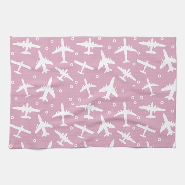 Airplane Pattern Light Pink and White Aviation Kitchen Towel (Horizontal)