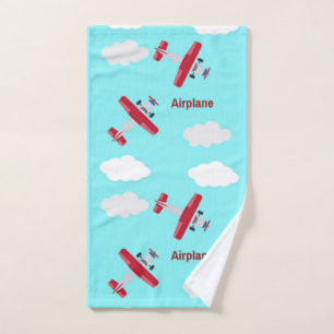 Airplane pattern on blue hand towel