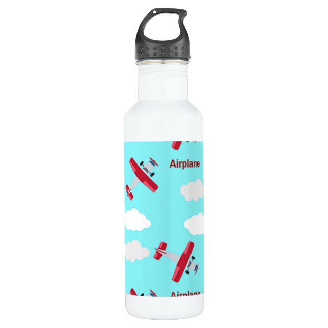 Airplane pattern on blue stainless steel water bottle (Front)