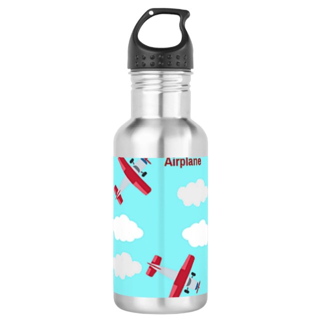 Airplane pattern on blue stainless steel water bottle (Front)
