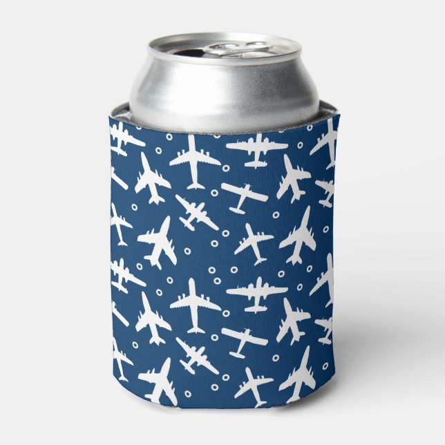 Airplane Patterned Blue and White Can Cooler (Can Front)