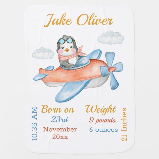 Airplane Penguin Blue Baby Boy Stats Blanket (Front)