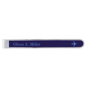 Airplane Personalized Aviator Blue Silver Finish Tie Bar