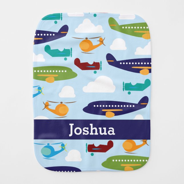 Airplane Personalized Boy's Baby Burp Cloth (Front)