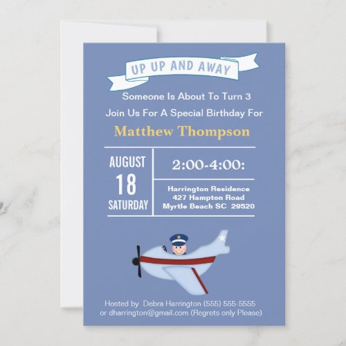 Airplane Pilot Birthday Party Invitation for Kids