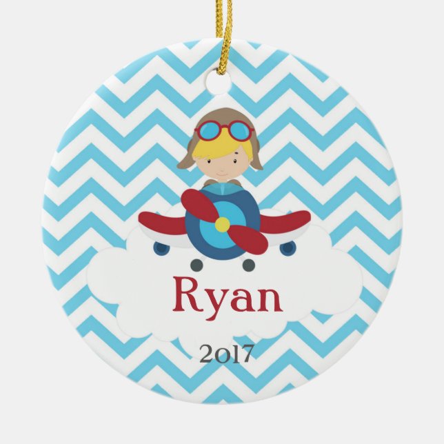 Airplane Pilot Boy Chevron Cloud Ornament Blonde (Front)
