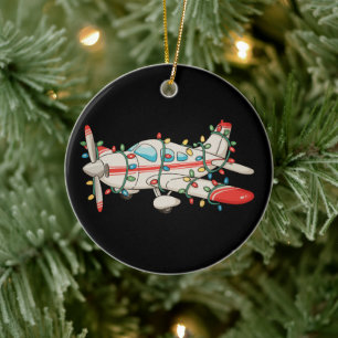 Airplane Pilot Christmas Xmas Lights Holiday Ceramic Ornament
