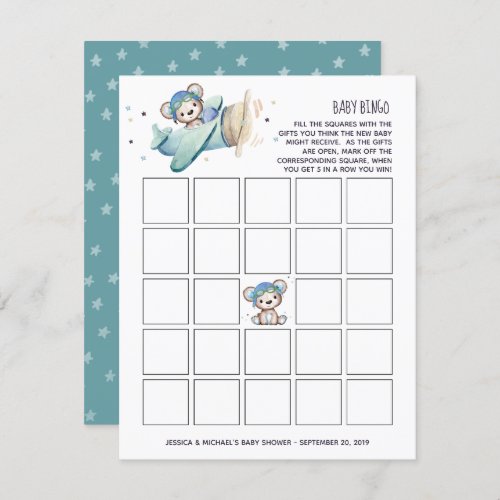 Airplane Pilot Teddy Bear Baby Bingo Invitation