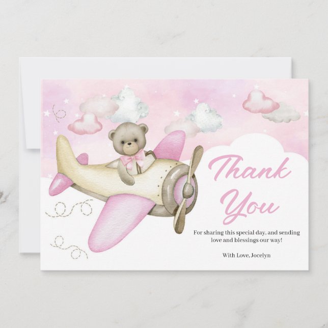 Airplane Pink Teddy Bear Baby Shower  Thank You Card (Front)