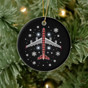 Airplane Plaid Christmas Pilot Ceramic Ornament