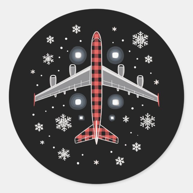 Airplane Plaid Christmas Pilot Classic Round Sticker (Front)