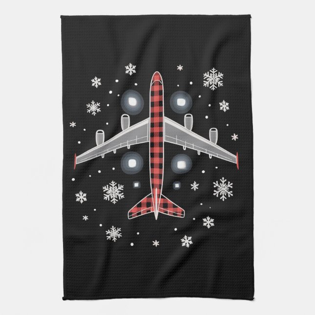 Airplane Plaid Christmas Pilot Kitchen Towel (Vertical)