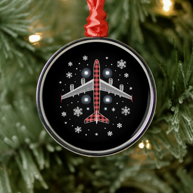 Airplane Plaid Christmas Pilot Metal Ornament (Tree)