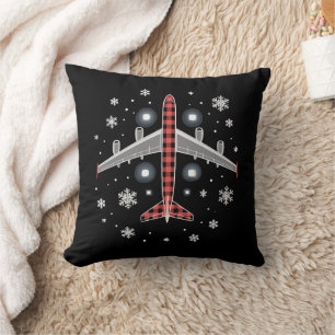 Airplane Plaid Christmas Pilot Throw Pillow
