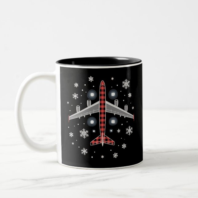 Airplane Plaid Christmas Pilot Two-Tone Coffee Mug (Left)