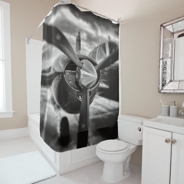 Airplane propeller Black and White Shower Curtain (In Situ)