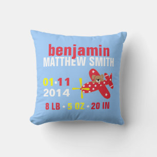 Airplane Puppy Custom Baby Birth Announcement Throw Pillow