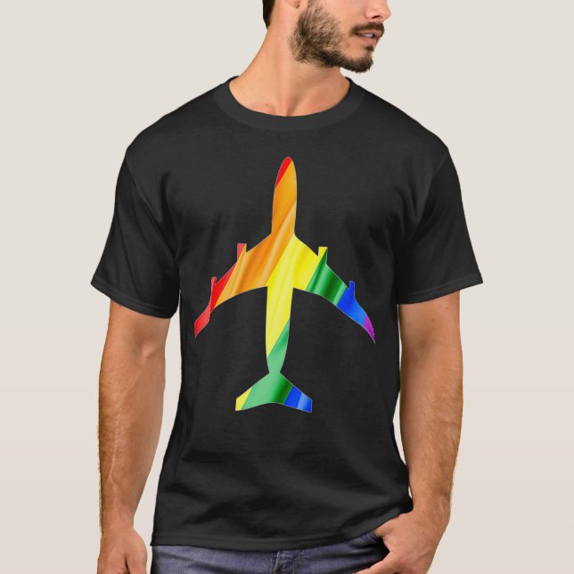 Airplane Rainbow Flag Flight Attendant Pride T-Shirt (Front)
