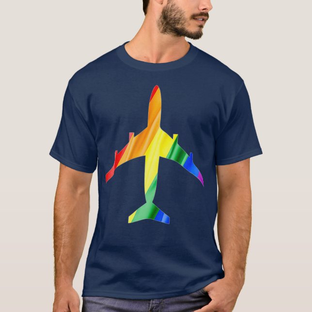 Airplane Rainbow Gay Flag Flight Attendant T-Shirt (Front)