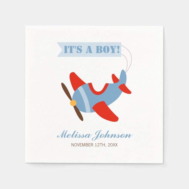 Airplane Red Blue Boy Baby Shower Paper Napkins (Front)