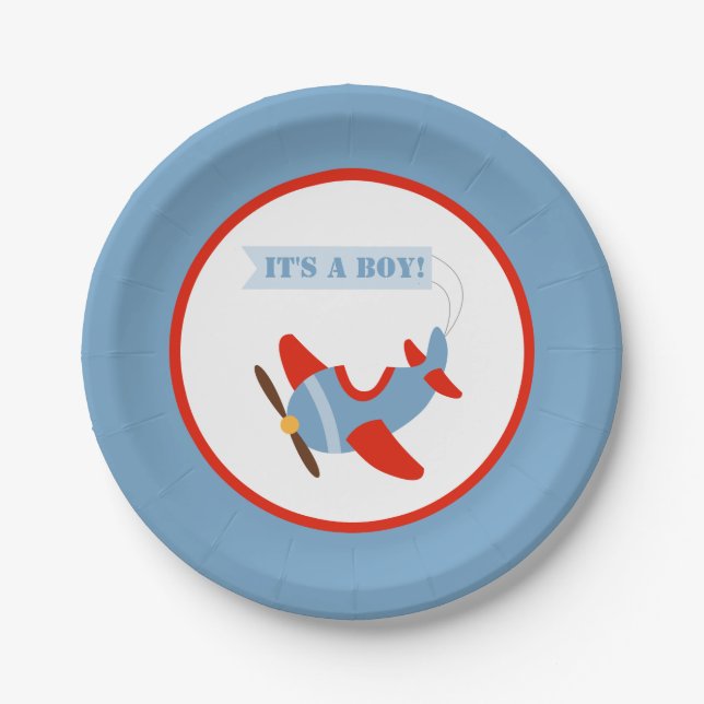 Airplane Red Blue Boy Baby Shower Paper Plates (Front)
