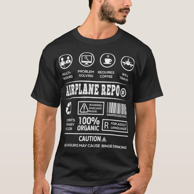 Airplane Repo Person Package Label Barcode Funny  T-Shirt (Front)
