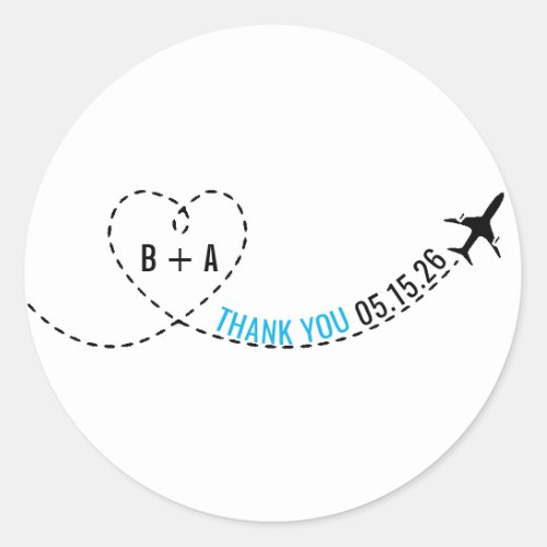 Airplane Route Monogram Wedding Date Thank You Classic Round Sticker