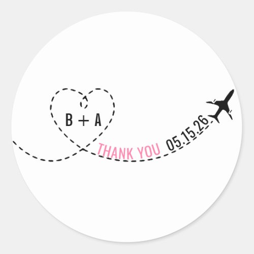 Airplane Route Monogram Wedding Date Thank You Classic Round Sticker