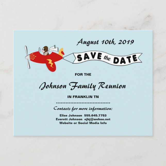 Airplane Sky Banner Family Reunion Save the Date Announcement Postcard (Front)