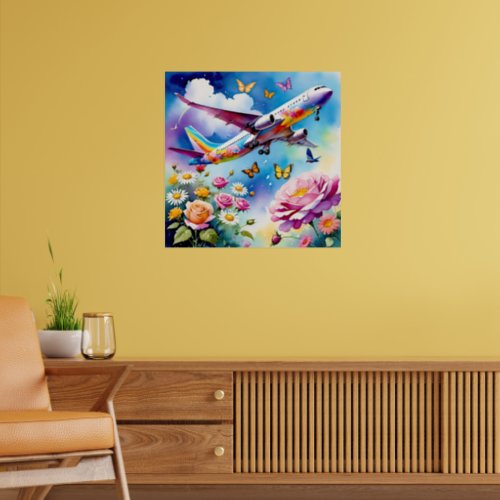 Airplane Soaring Over Roses with Butterflies Poster