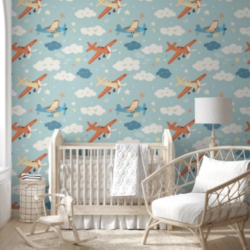 Airplane Stars and Cloud Pattern Baby Nursery Wallpaper