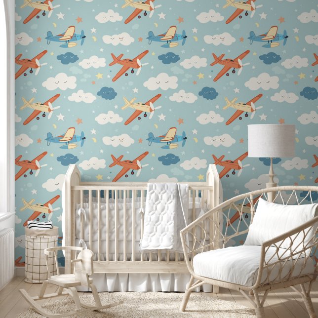 Airplane Stars and Cloud Pattern Baby Nursery Wallpaper (Kids)
