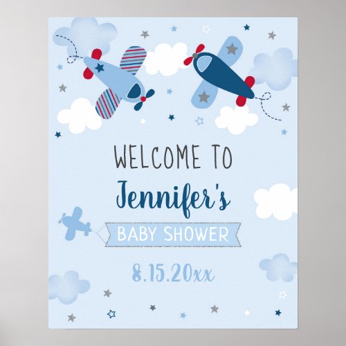 Airplane Stars Clouds Baby Shower Welcome Poster