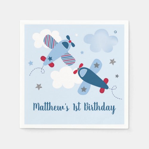 Airplane Stars Clouds Birthday Napkins