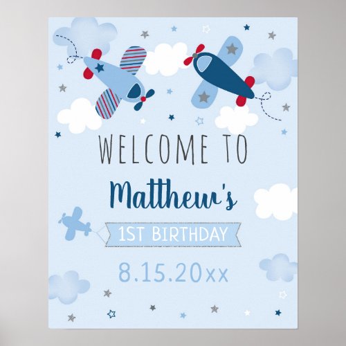 Airplane Stars Clouds Birthday Welcome Poster