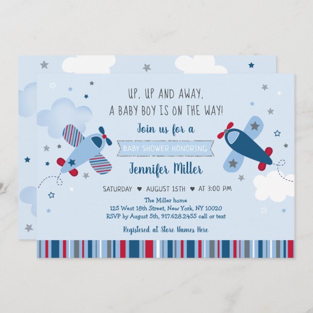Airplane Stars Clouds Boy Baby Shower Invitation (Front/Back)