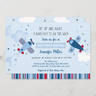 Airplane Stars Clouds Boy Baby Shower Invitation