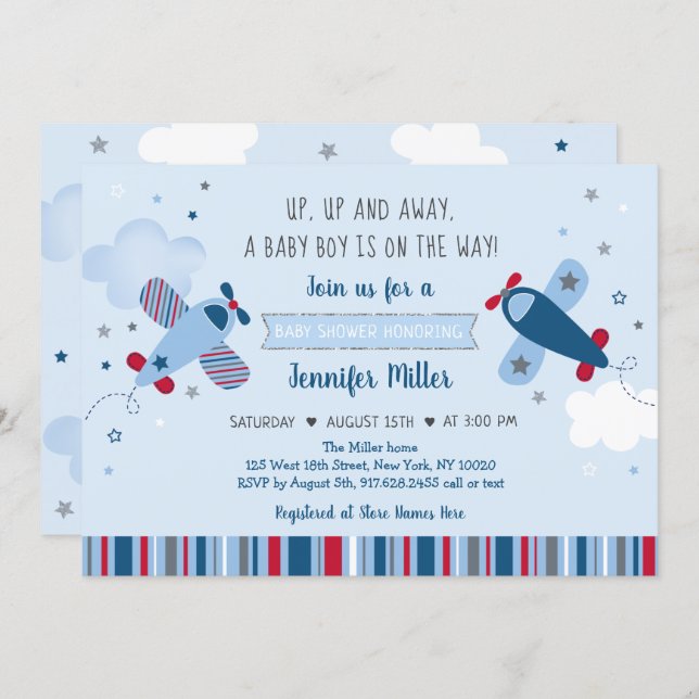 Airplane Stars Clouds Boy Baby Shower Invitation (Front/Back)