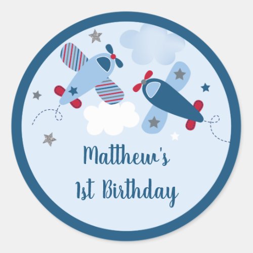 Airplane Stars Clouds Boy Birthday Classic Round Sticker