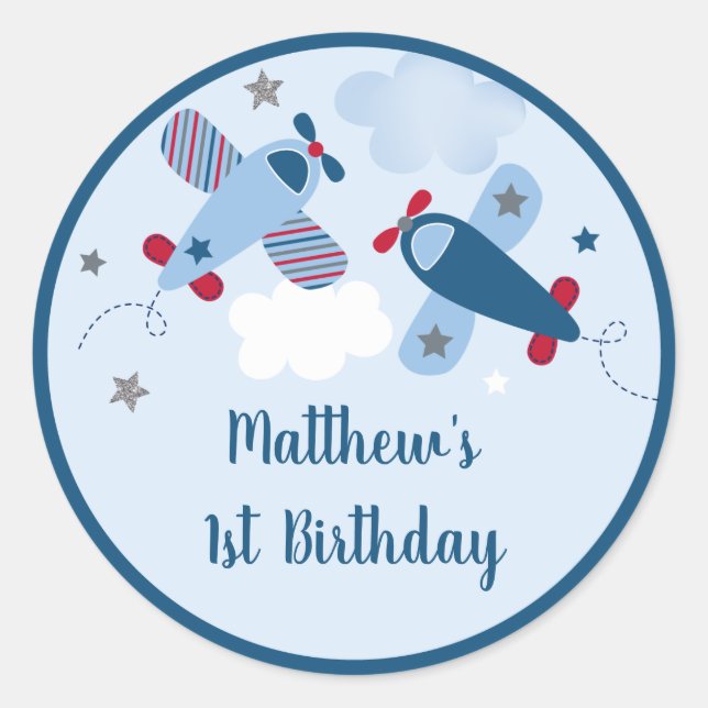 Airplane Stars Clouds Boy Birthday Classic Round Sticker (Front)