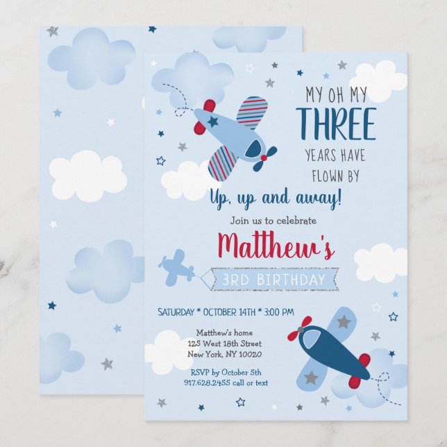 Airplane Stars Clouds Boy Birthday Invitation (Front/Back)