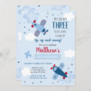 Airplane Stars Clouds Boy Birthday Invitation
