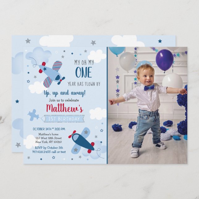 Airplane Stars Clouds Boy First Birthday Invitatio Invitation (Front/Back)