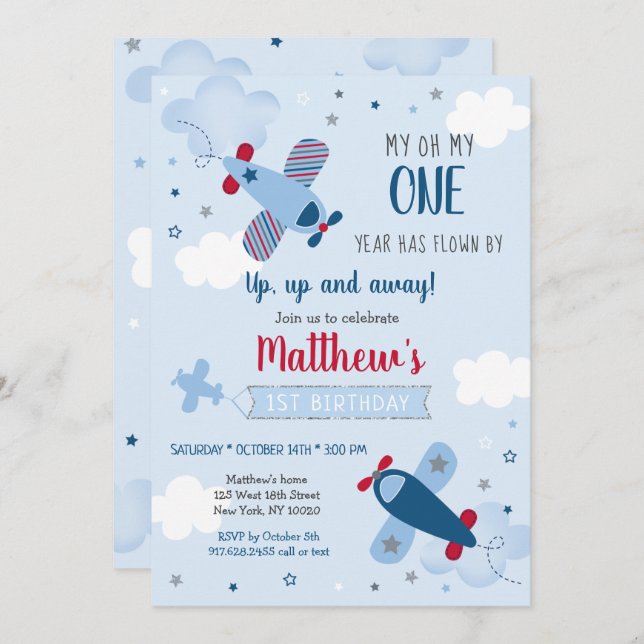 Airplane Stars Clouds Boy First Birthday Invitation (Front/Back)