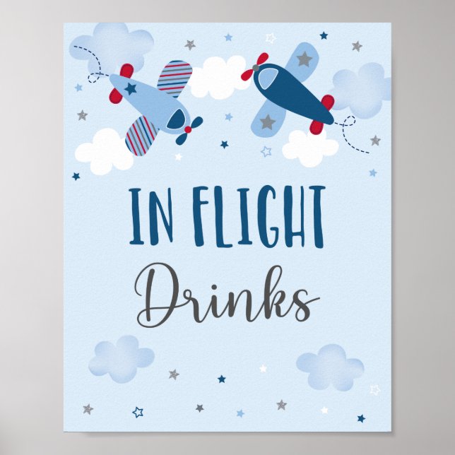 Airplane Stars Clouds In Flight Drinks Birthday Poster (Front)