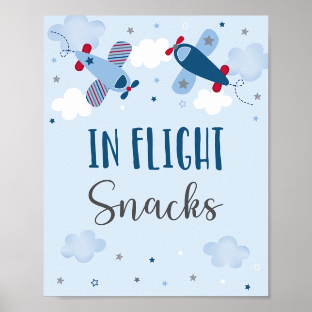 Airplane Stars Clouds In Flight Snacks Birthday Poster (Front)
