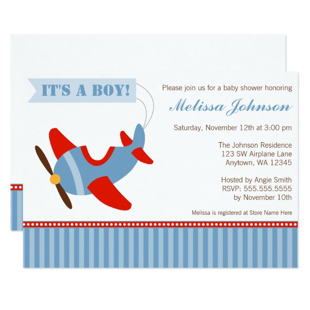 Airplane Stripes Red Blue Boy Baby Shower Invitation