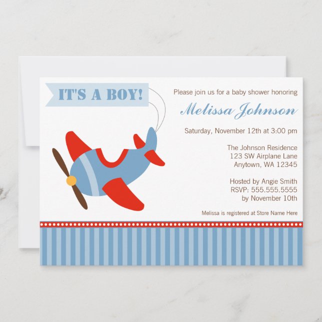 Airplane Stripes Red Blue Boy Baby Shower Invitation (Front)